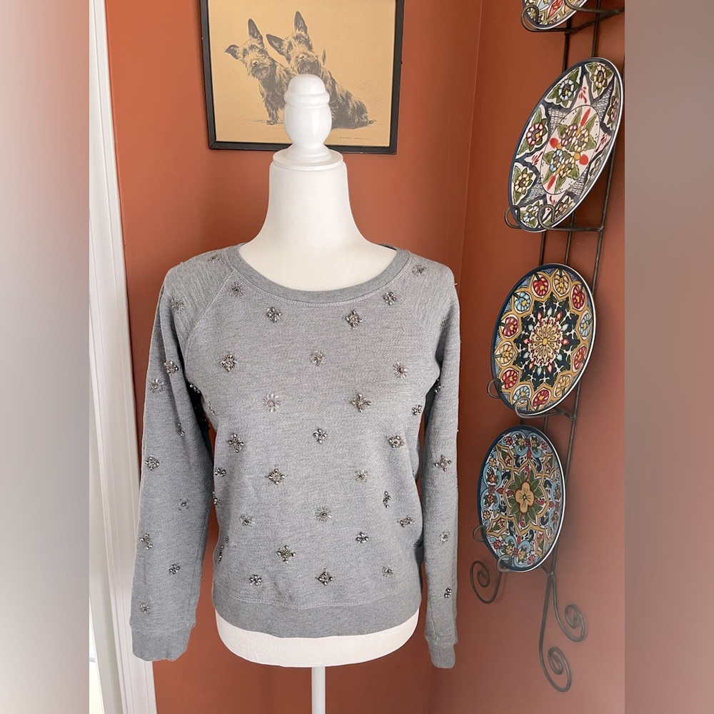 J. Crew Jeweled Crewneck Sweatshirt Size Medium Gray